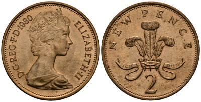 Великобритания 2 пенса 1980 Елизавета II (1952-2022) KM 916, Spink 4235 (C1) бронза 4381-1013