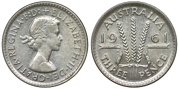 Австралия 3 пенса 1961 m, Елизавета II (1952-2022) KM 57 серебро 71-811