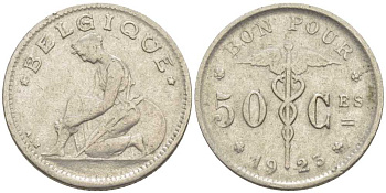 БЕЛЬГИЯ 50 САНТИМОВ 1923 BELGIQUE, АЛЬБЕРТ I (1909-1934) KM 87 никель 116-968