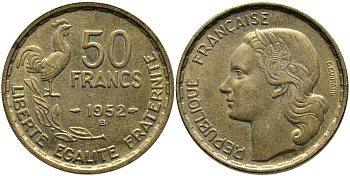 ФРАНЦИЯ 50 ФРАНКОВ 1952 В, ПЕТУХ KM 918.2 алюминиевая бронза 4523-356