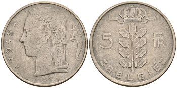 БЕЛЬГИЯ 5 ФРАНКОВ 1949 BELGIE KM 135.1 медно-никель 92-355