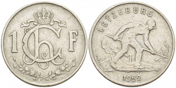 ЛЮКСЕМБУРГ 1 ФРАНК 1952 СТАЛЕВАР KM 46.2 медно-никель 77-835