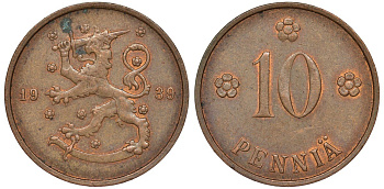 Финляндия 10 пенни 1939 KM 24 медь 51-3142