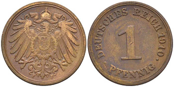 ГЕРМАНИЯ 1 ПФЕННИГ 1910 F KM 10, J. 10, Weege 2 медь 211-428