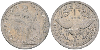 Французская Новая Каледония 1 франк 2003 птица кагу, (IEOM) KM 10, Schoen 10, Lec 52h алюминий 51-147