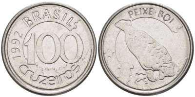 БРАЗИЛИЯ 100 КРУЗЕЙРО 1992 РЕФОРМА 1990-1993, ЛАМАНТИН KM 623 нержавеющая сталь 4387-333