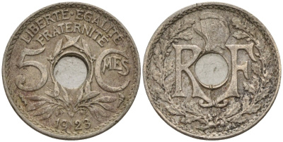 Франция 5 сантимов 1923 KM 875 медно-никель 4596-453