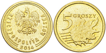 Польша 5 грошей 2014 Y 925 сталь плакированная латунью UNC 4614-268