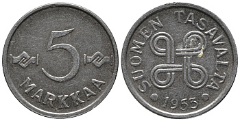 ФИНЛЯНДИЯ 5 МАРОК 1953 KM 37 железо 99-1047