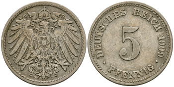 Германия 5 пфеннигов 1909 D, KM 11, J. 12 медно-никель 4608-863