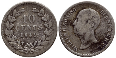 НИДЕРЛАНДЫ 10 ЦЕНТОВ 1849 ВИЛЬЯМ II, ТОЧКА ПОСЛЕ ДАТЫ KM 75 серебро 633-832