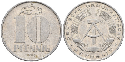 ГДР 10 пфеннигов 1982 A KM 10 алюминий 4143-741