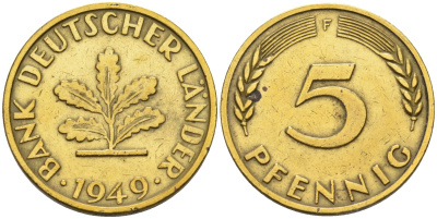 ФРГ 5 пфеннигов 1949 F KM 102, J. 377 сталь плакированная латунью 4594-413