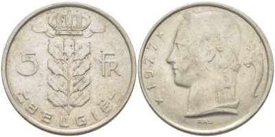 БЕЛЬГИЯ 5 ФРАНКОВ 1977 BELGIE, БОДУЭН I (1951-1993) KM 135.1 медно-никель 119-841