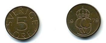 Швеция 5 эре 1979 U, Карл XVI Густав (1973- ) KM 849 бронза 59-332