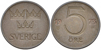 Швеция 5 эре 1973 U, Густав VI Адольф (1950-1973) KM 845 бронза 112-1049