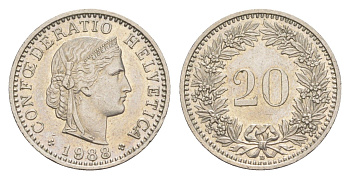 Швейцария 20 раппенов 1988 B KM 29a медно-никель 4547-547