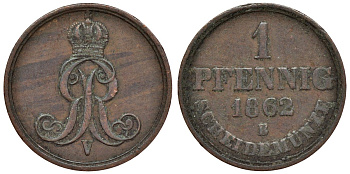 Ганновер 1 пфенниг 1862 B, Георг V KM 233, AKS 156, J. 90 медь 4594-539