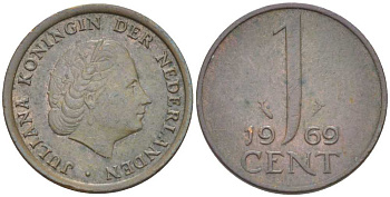 НИДЕРЛАНДЫ 1 ЦЕНТ 1969 ЮЛИАНА (1948-1980) KM 180 бронза 214-1045