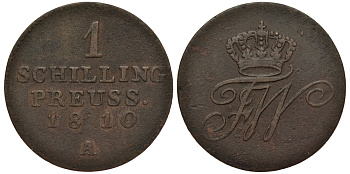 Польша, Восточная Пруссия 1 шиллинг 1810 А, Фридрих Вильгельм III Прусский (1797-1840), вес 2,25 гр. KM 54, Jaeger 18, AKS 45. медь 1516-1114