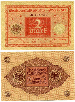 ГЕРМАНИЯ 2 МАРКИ 1920 1 МАРТА 1920, ВЕЙМАРСКАЯ РЕСПУБЛИКА, КРАСНАЯ, СЕРИЯ 36 Pick 59, Rosenberg 65b бумага 7523-10-4-1