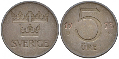 Швеция 5 эре 1973 U, Густав VI Адольф (1950-1973) KM 845 бронза 112-1049