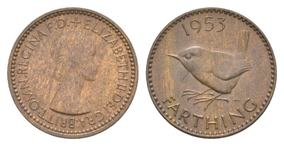 Великобритания 1 фартинг 1953 Елизавета II (1952-2022) KM 881, Spink 4156 бронза aUNC 4630-1229