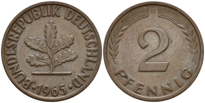 ФРГ 2 пфеннига 1965 D J.381  KM 106 бронза    4598-737