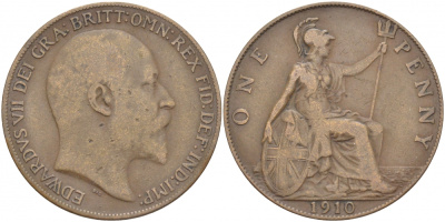 Великобритания 1 пенни 1910 Эдуард VII (1901-1910) KM 794.2, Spink 3990 бронза 3996-231