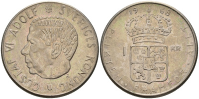 Швеция 1 крона 1968 U, Густав VI Адольф (1950-1973) KM 826а медь плакированная медно-никелем 4557-145