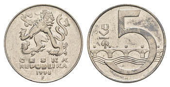 Чехия 5 крон 1996 чешский лев, Карлов мост KM 8 сталь плакированная никелем 4546-1126