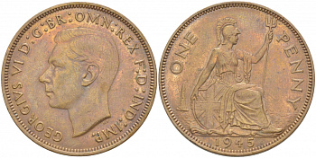 Великобритания 1 пенни 1945 Георг VI (1936-1952) KM 845, Spink 4114 бронза 215-333
