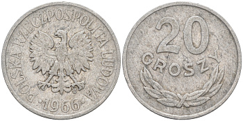 ПОЛЬША 20 ГРОШЕЙ 1966 MW KM A47 алюминий VF 188-264