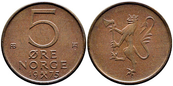 Норвегия 5 эре 1975 Улаф V (1958-1991) KM 415 бронза 4387-817