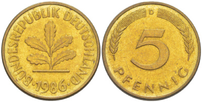 ФРГ 5 ПФЕННИГОВ 1986 D KM 107, J. 382 сталь плакированная латунью 4181-1024