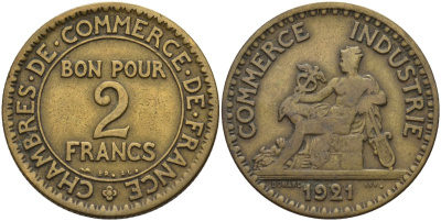 Франция 2 франка 1921 Третья республика (1871-1940) KM 877, Le Franc 267.7 алюминиевая бронза 4144-242