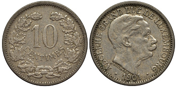 ЛЮКСЕМБУРГ 10 САНТИМОВ 1901 ВЕЛИКИЙ ГЕРЦОГ АДОЛЬФ (1890-1905) КМ 25 медно-никель 4538-723