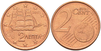 ГРЕЦИЯ 2 ЕВРОЦЕНТА 2002 KM 182 сталь плакированная медью UNC 214-346