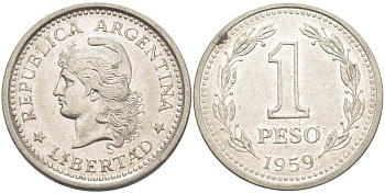 Аргентина 1 песо 1959 голова свободы влево KM 57 сталь плакированная никелем 4514-933