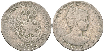 Бразилия 200 реалов 1901 MCMI, голова свободы вправо KM 504 медно-никель 4612-224