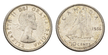 Канада 10 центов 1956 Елизавета II (1952-2022), парусник KM 51 серебро 99-747