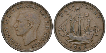 Великобритания 1/2 пенни 1946 Георг VI (1936-1952) KM 844, Spink 4115 бронза 4163-1127