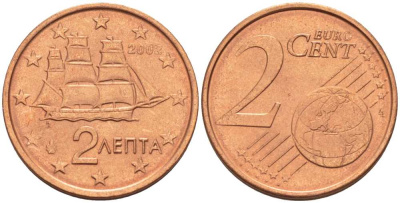 ГРЕЦИЯ 2 ЕВРОЦЕНТА 2002 KM 182 сталь плакированная медью UNC 214-346