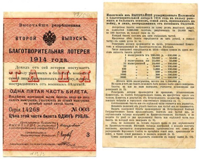 Россия 1 рубль 1914 1/5 часть билета. Благотворительная лотерея 1914 года. Второй выпуск. В пользу раненых и больных воинов бумага 504-21-1-1