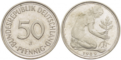 ФРГ 50 ПФЕННИГОВ 1989 J KM 109.2 медно-никель 26-461