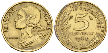 Франция 5 сантимов 1968 тип Марианна KM 933 медь алюминий никель    4152-1219