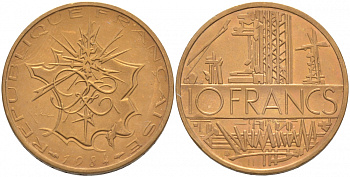 Франция 10 франков 1984 тип Матье KM 940, Le Franc 365.23-24 никель латунь 3855-732