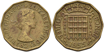 Великобритания 3 пенса 1955 Елизавета II (1952-2022) KM 900, Spink 4153 никель латунь  4603-135