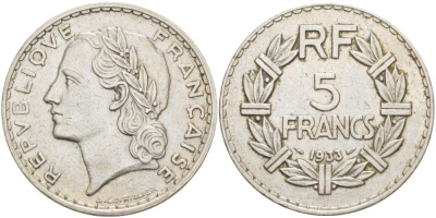 ФРАНЦИЯ 5 ФРАНКОВ 1933 KM 888 никель 215-513