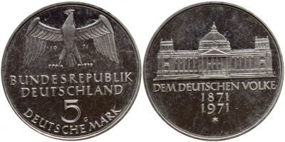 ФРГ 5 марок 1971 G, 100 лет основания Германской Империи KM 128.1, J. 409 серебро PROOF 1520-1315